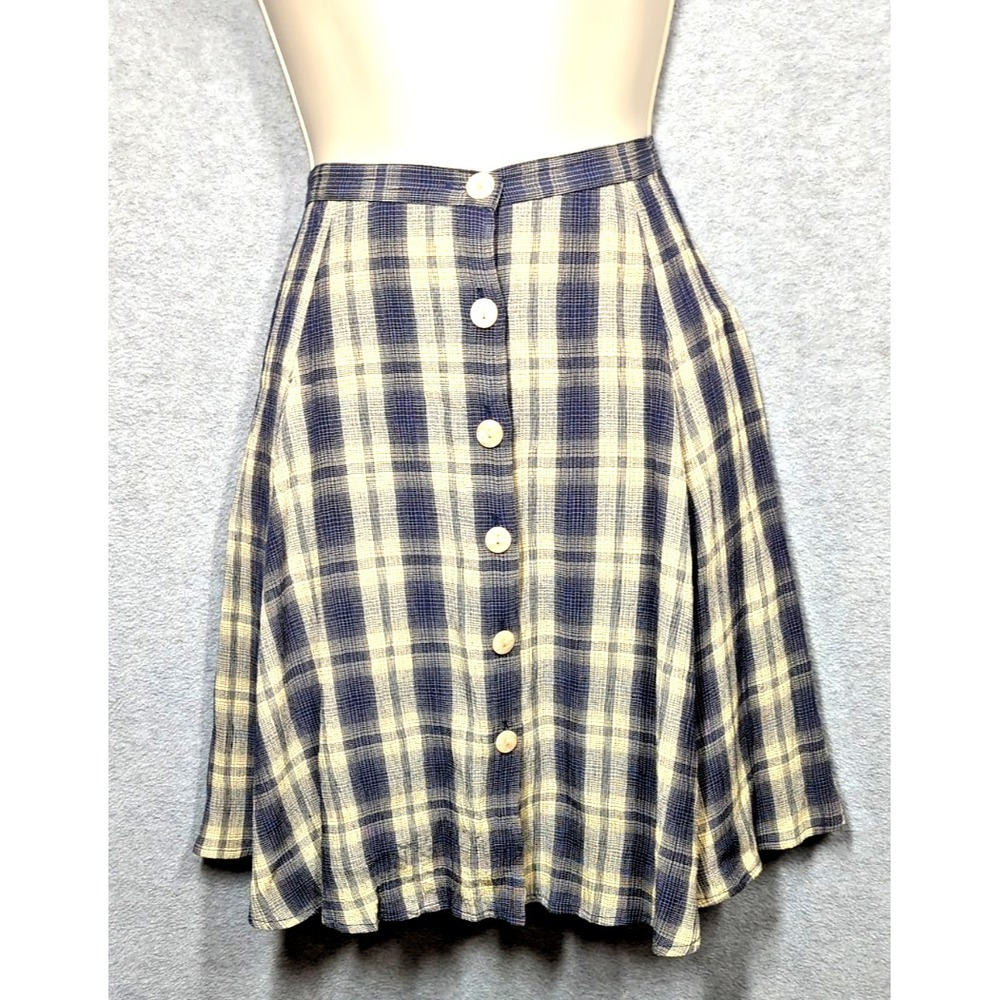 Ann Taylor Skater Mini Skirt 6 Swing Blue Plaid Button Front Playful Coquette - Picture 1 of 7